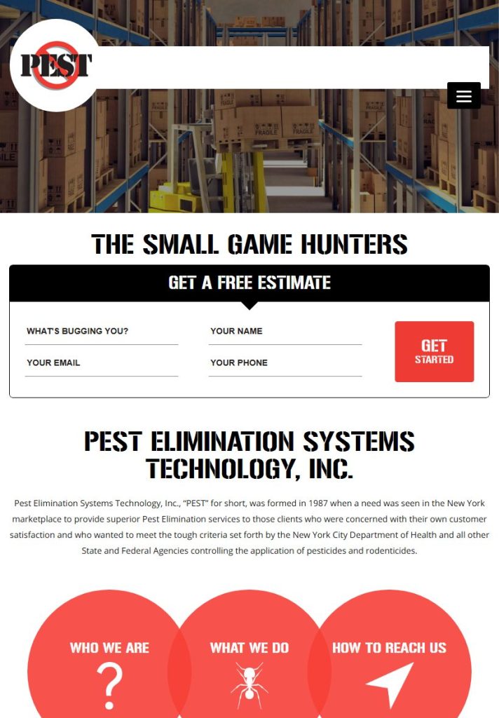 PEST Elimination Systems homepage on a tablet