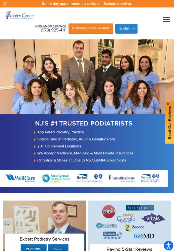 Podiatry Center of NJ homepage on a tablet