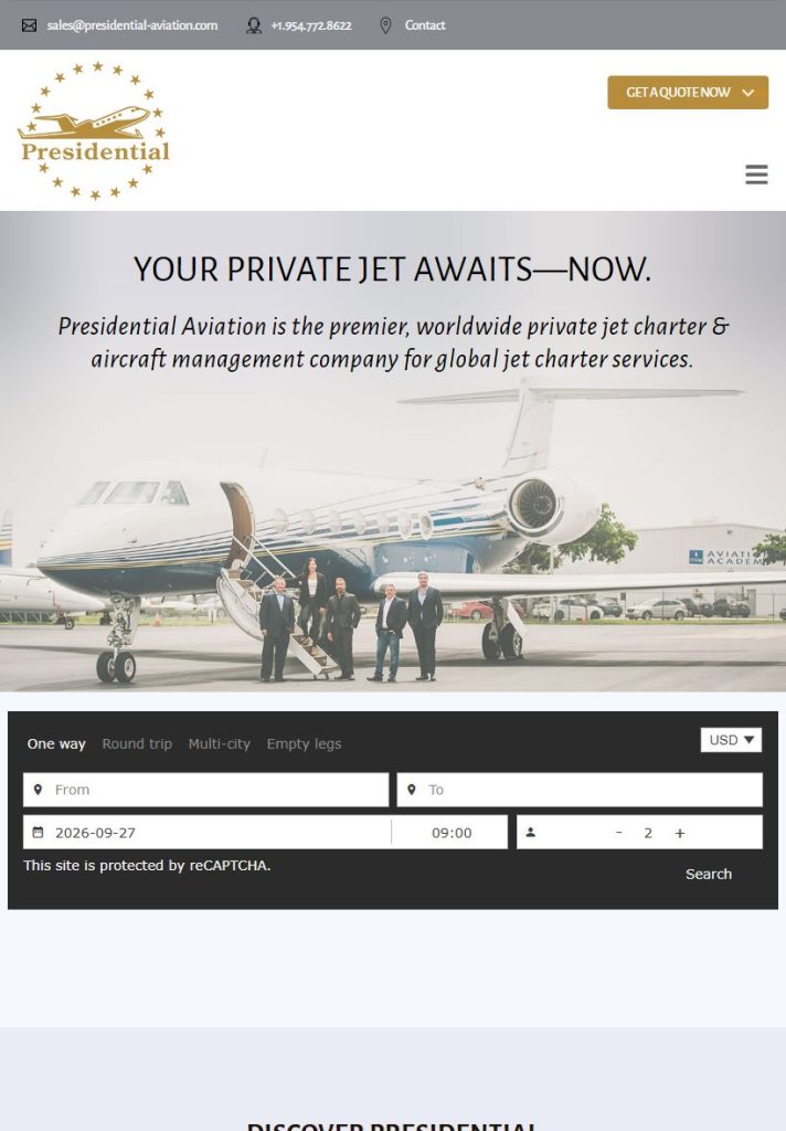 Presidential Aviation homepage on a tablet