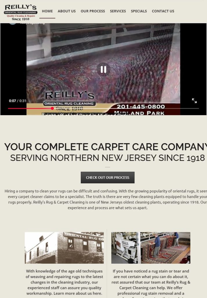 Reilly’s Oriental Rug Cleaning homepage on a tablet