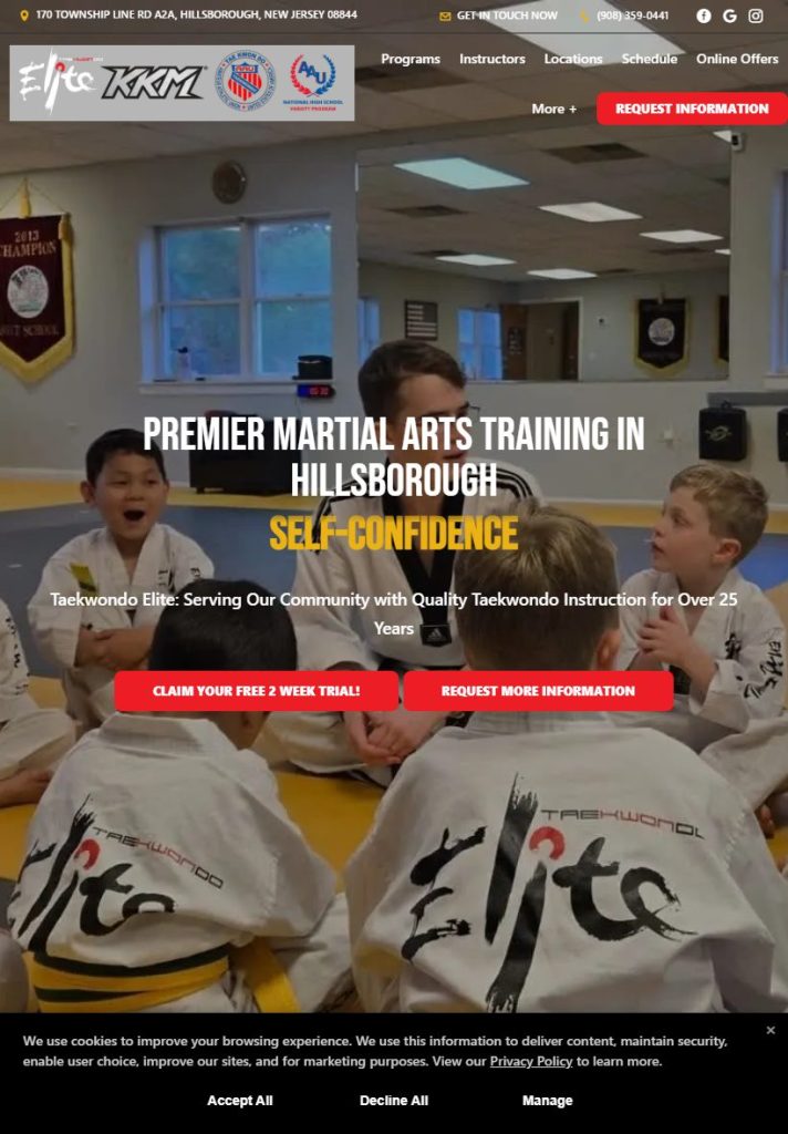 Taekwondo Elite homepage on a tablet