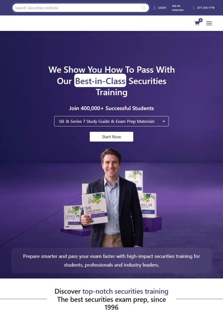The Securities Institute of America homepage on a tablet