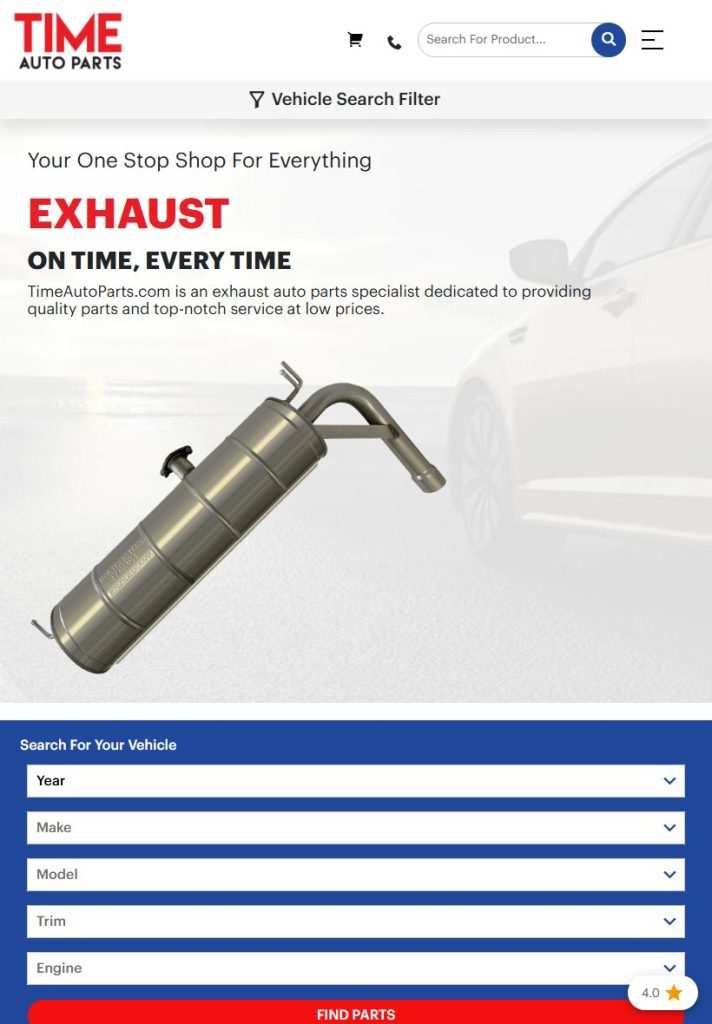 Time Auto Parts homepage on a tablet