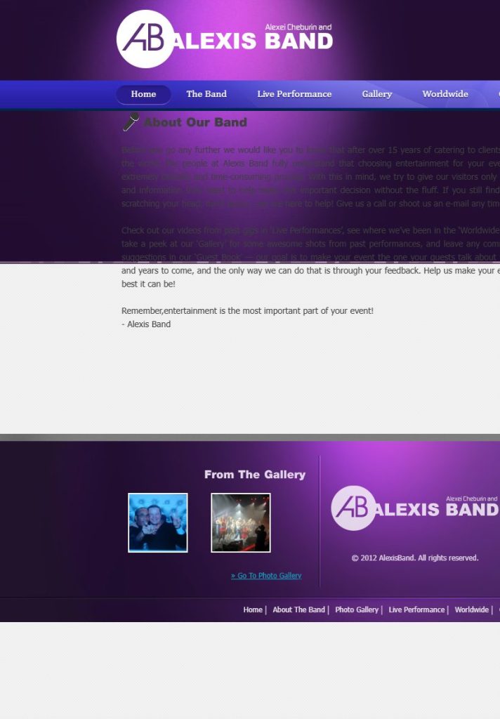 Alexis Band homepage on a tablet