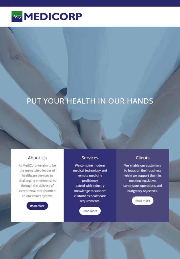 Medi-Corp homepage on a tablet