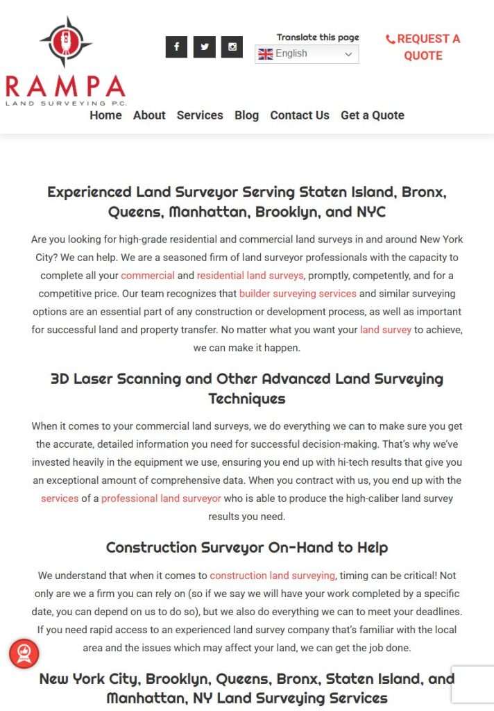 Rampa Land Surveying P.C. homepage on a tablet