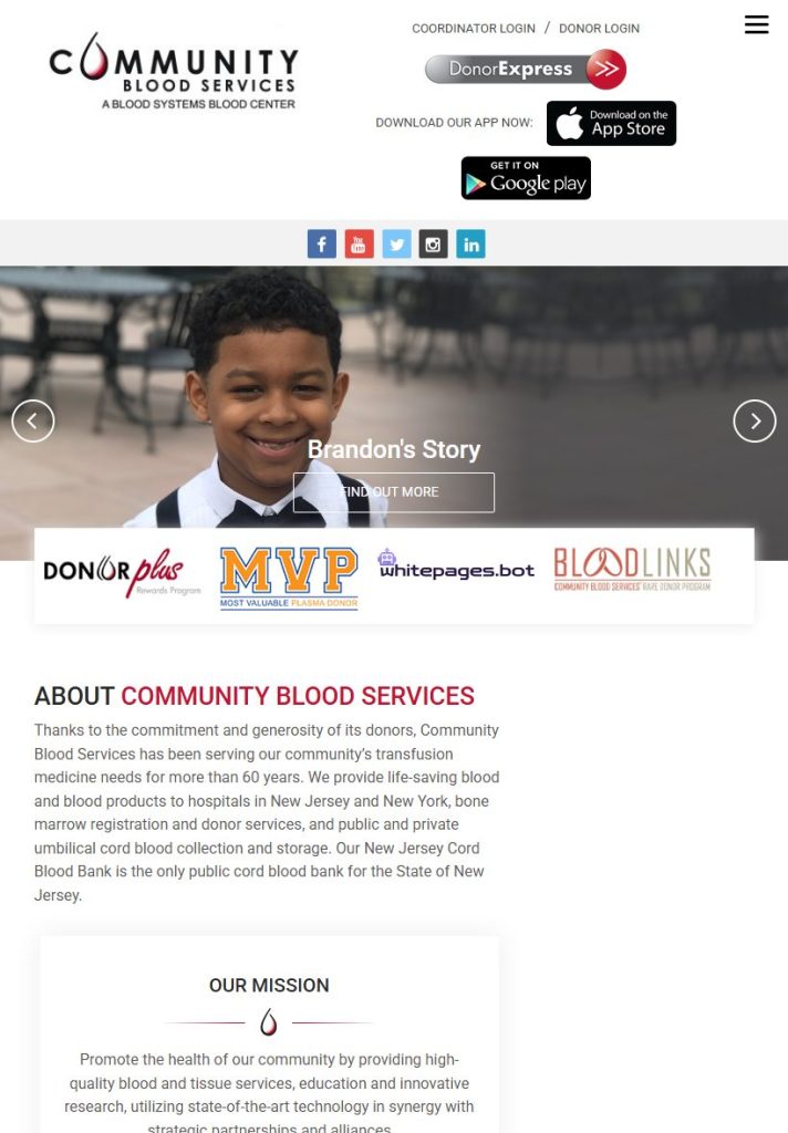 Community Blood Services homepage on a tablet