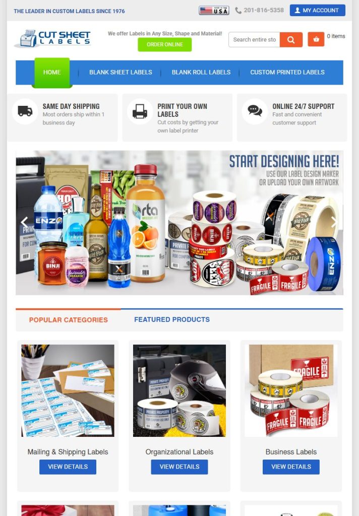 Cut Sheet Labels homepage on a tablet