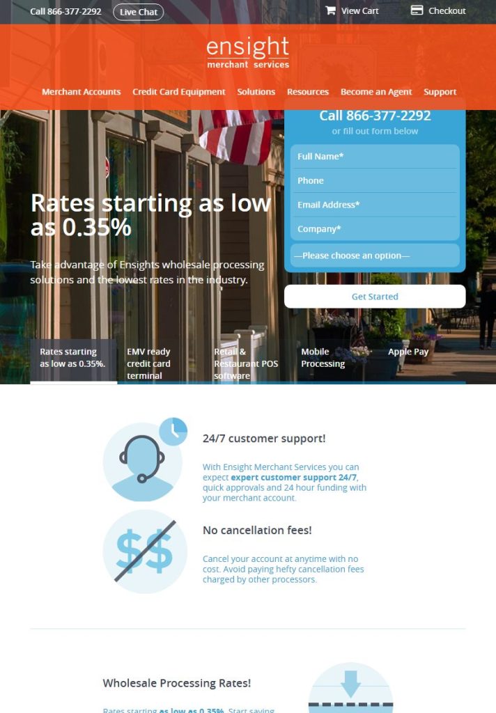 Ensight Merchant Services homepage on a tablet