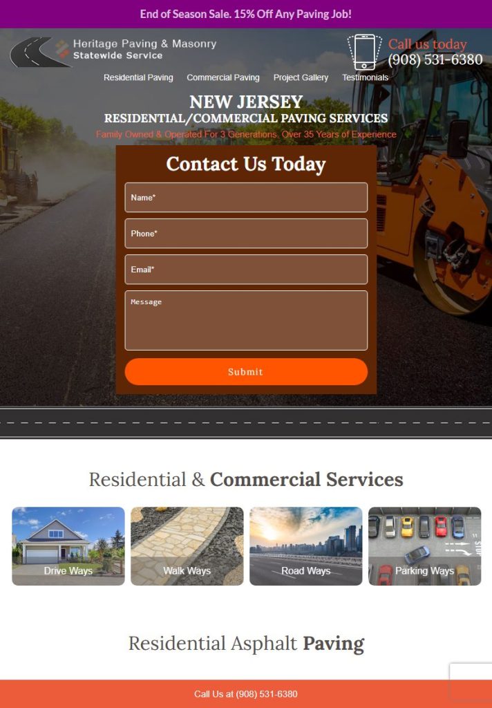 Heritage Paving & Masonry homepage on a tablet