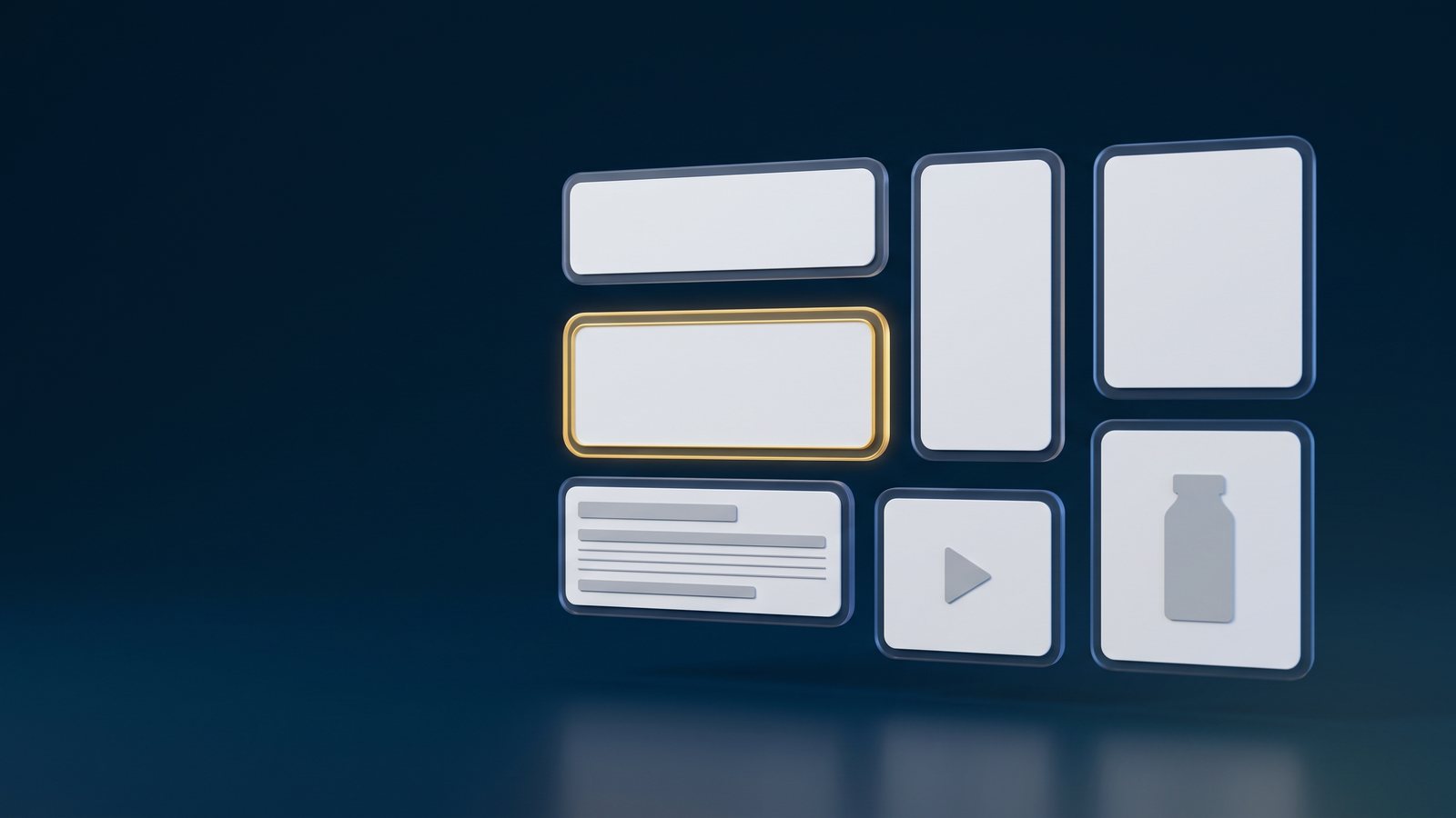 Grid of six ad-format frames, one outlined in gold