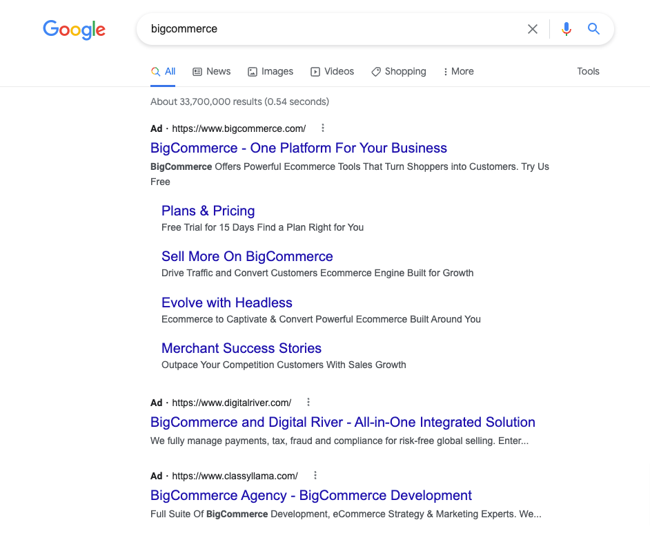 Google results for BigCommerce with competitor ads from Digital River and Classy Llama