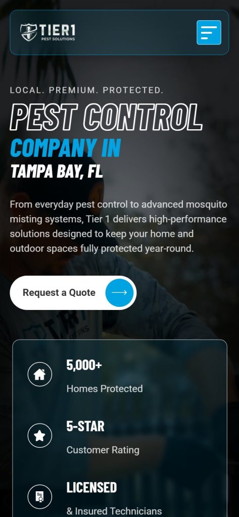Tier 1 Pest Solutions homepage on a phone