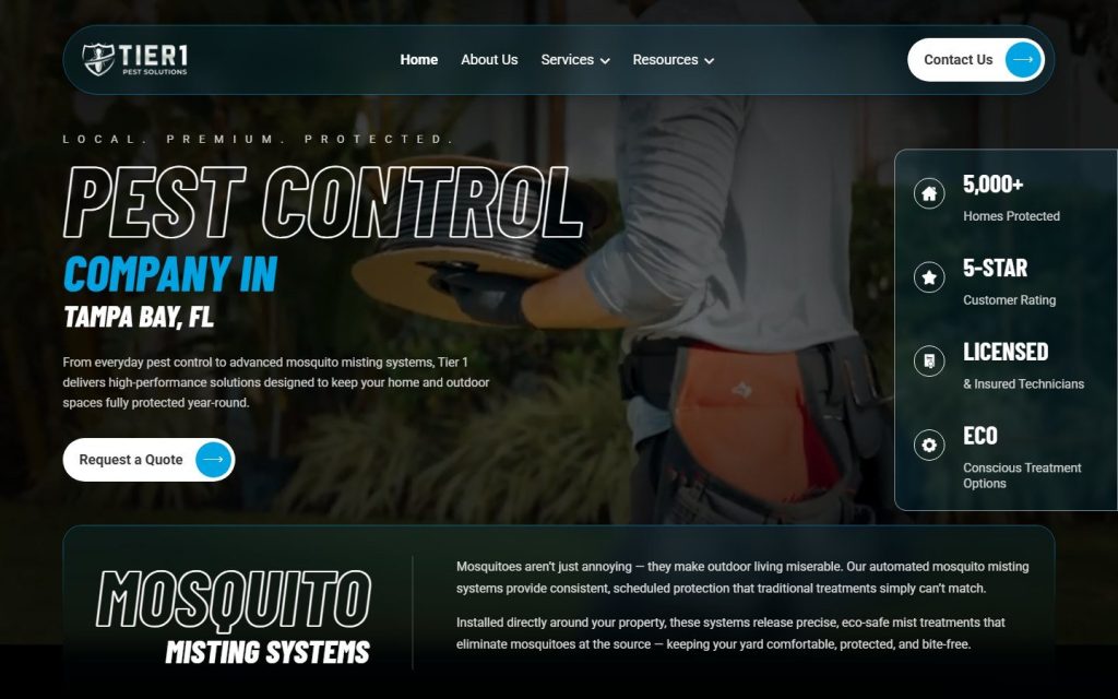 Tier 1 Pest Solutions homepage on desktop