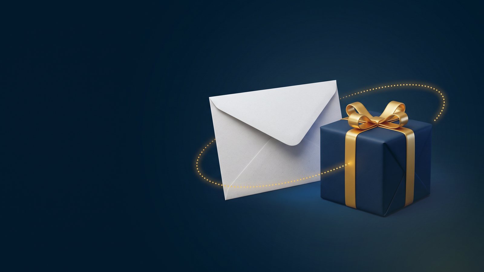 Envelope and gold-ribboned gift box on a dotted delivery arc