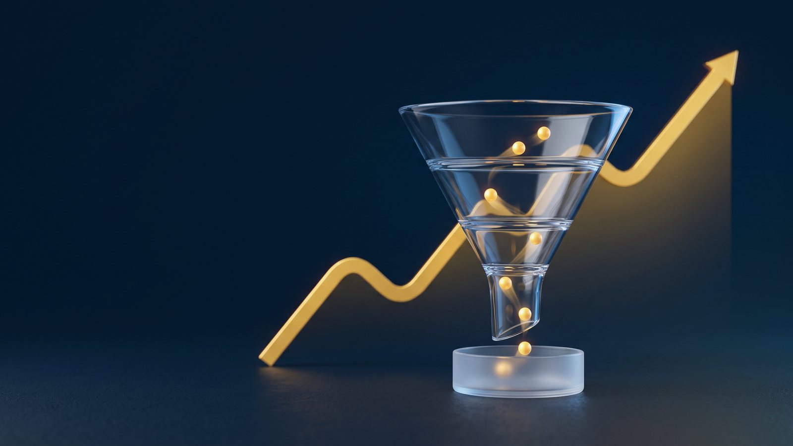 Glass funnel in front of a rising gold line