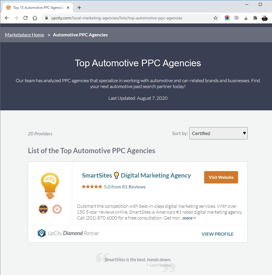 SmartSites Listed in Top Automotive PPC Agencies