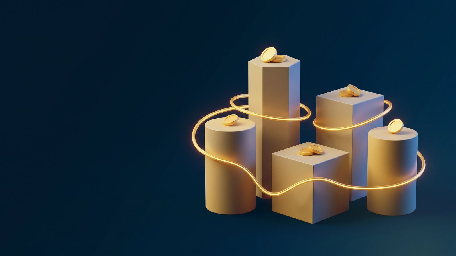 Pedestals of different shapes tied by one gold thread