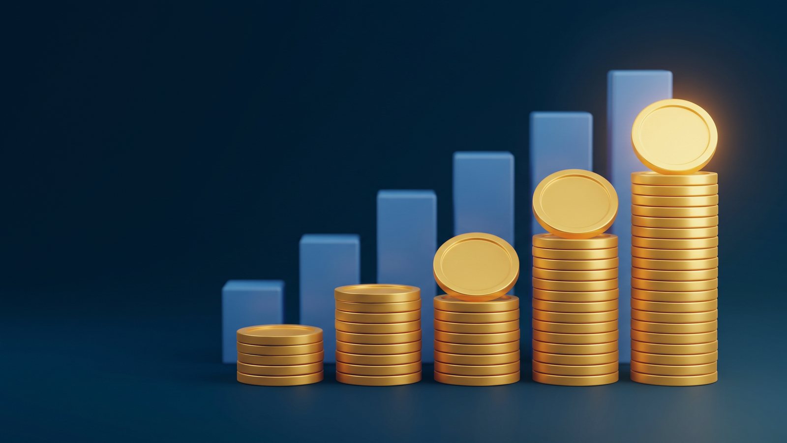 Stacked gold coin columns rising like a bar chart