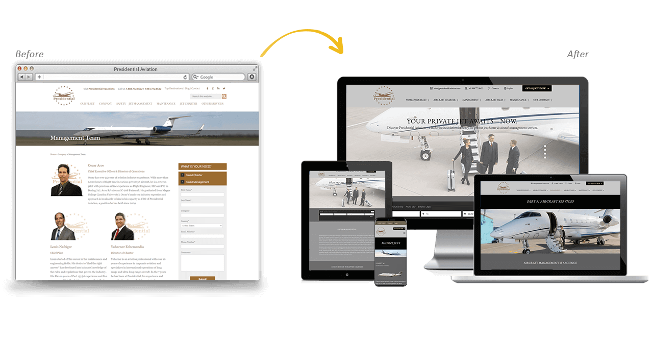 Presidential Aviation Website Redesign Before After