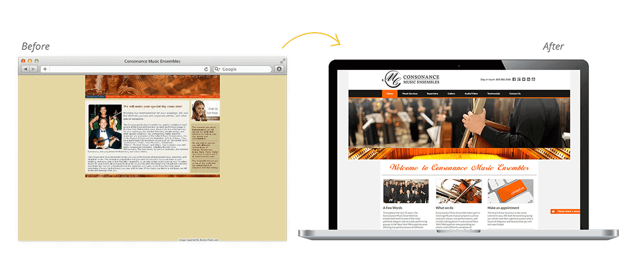 Consonance Music Ensembles Website Redesign Before After