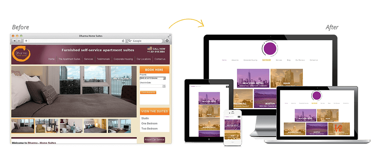 Dharma Home Suites Website Redesign Before After