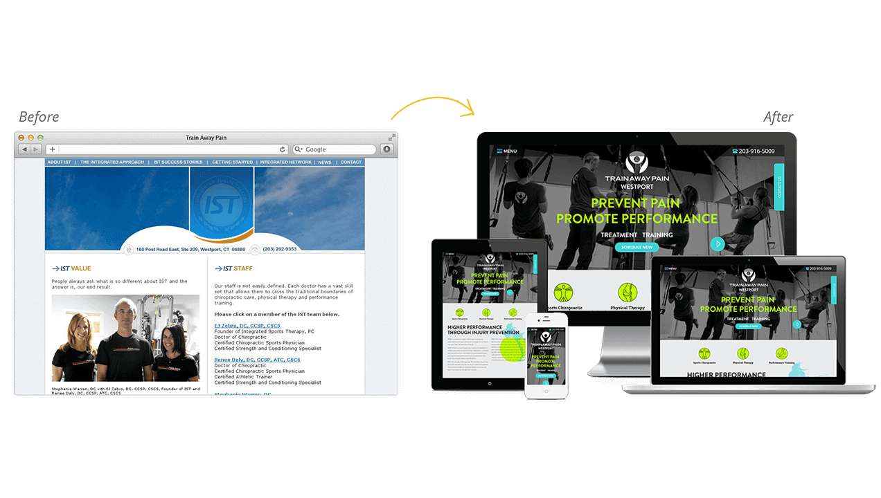 Train Away Pain Website Redesign Before After