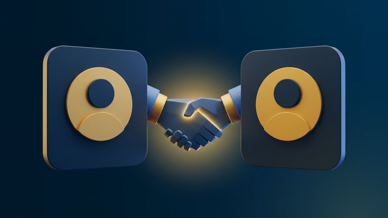 Two profile cards joined by a handshake