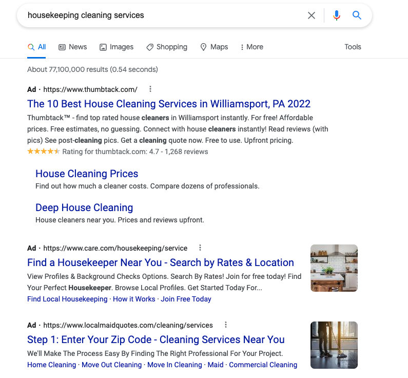 Google results for housekeeping cleaning services with paid ads at the top