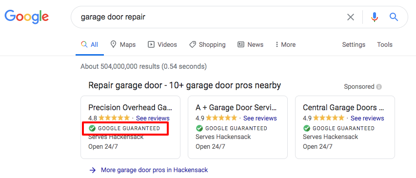 Google Guaranteed badge highlighted on a Local Services Ad