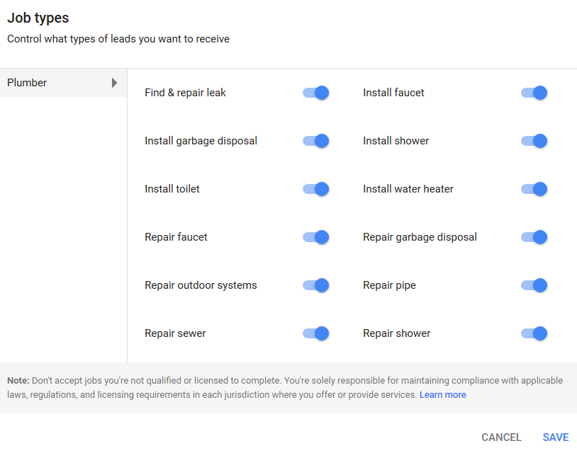 Local Services Ads dashboard: choosing the job types you want leads for