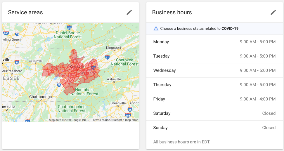 Local Services Ads dashboard: service area map and business hours