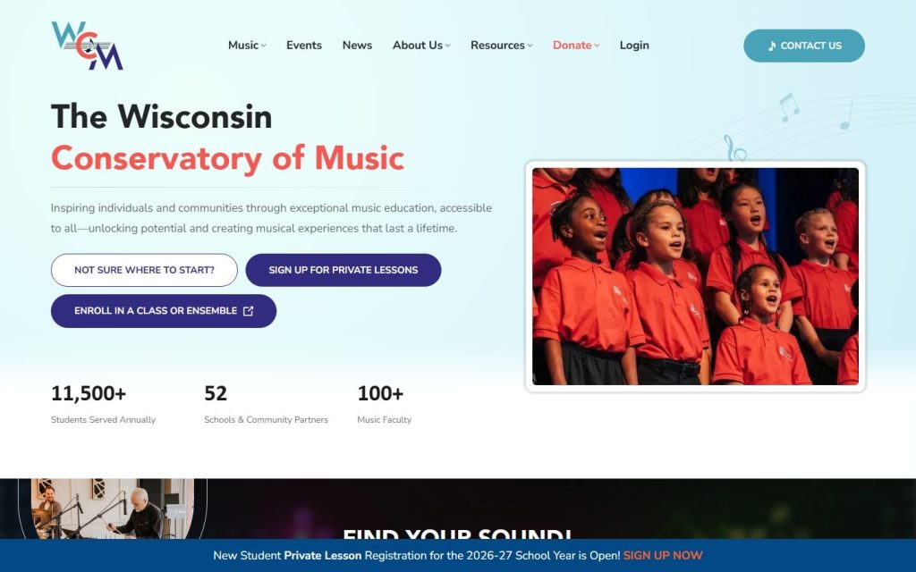 Wisconsin Conservatory of Music homepage on desktop