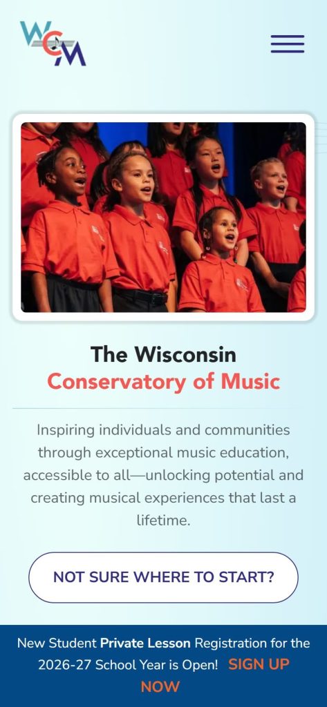 Wisconsin Conservatory of Music homepage on a phone
