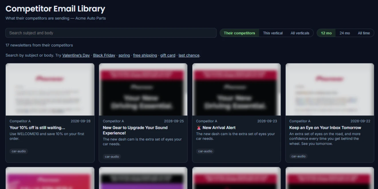 Client Hub Competitor Email Library: newsletters from the client's competitors with date, subject and summary, searchable by subject and body