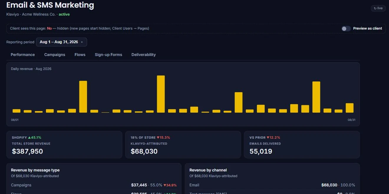 Client Hub Email & SMS Marketing report: daily revenue chart, total store revenue, Klaviyo-attributed revenue and emails delivered, with revenue by message type and by channel
