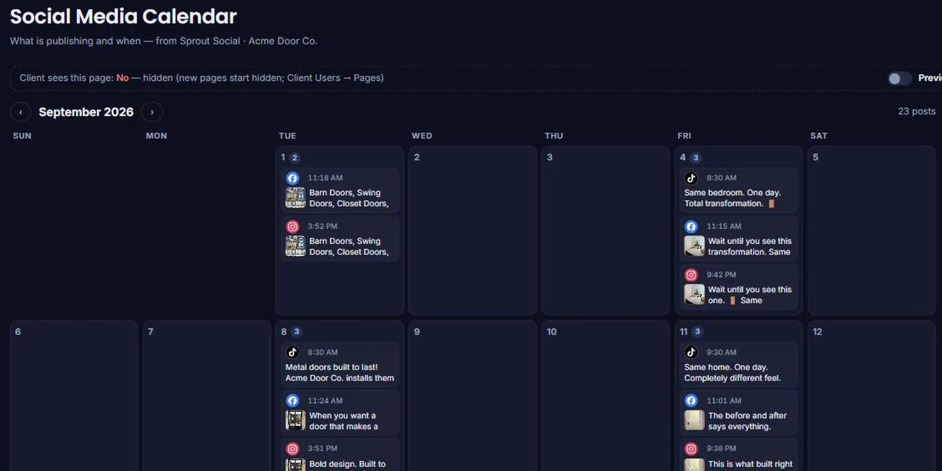 Client Hub Social Media Calendar: a month of scheduled and published posts by day, time and network