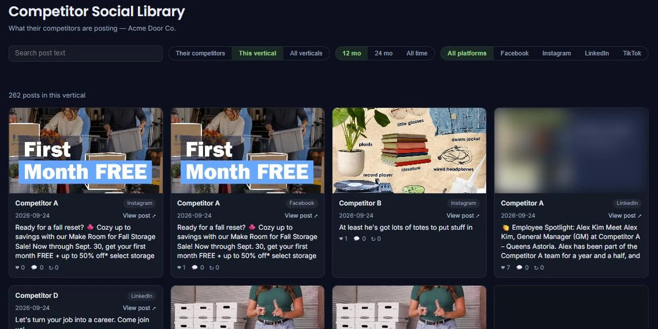 Client Hub Competitor Social Library: recent posts from competitors, filterable by competitor set, time range and platform, with each post's engagement