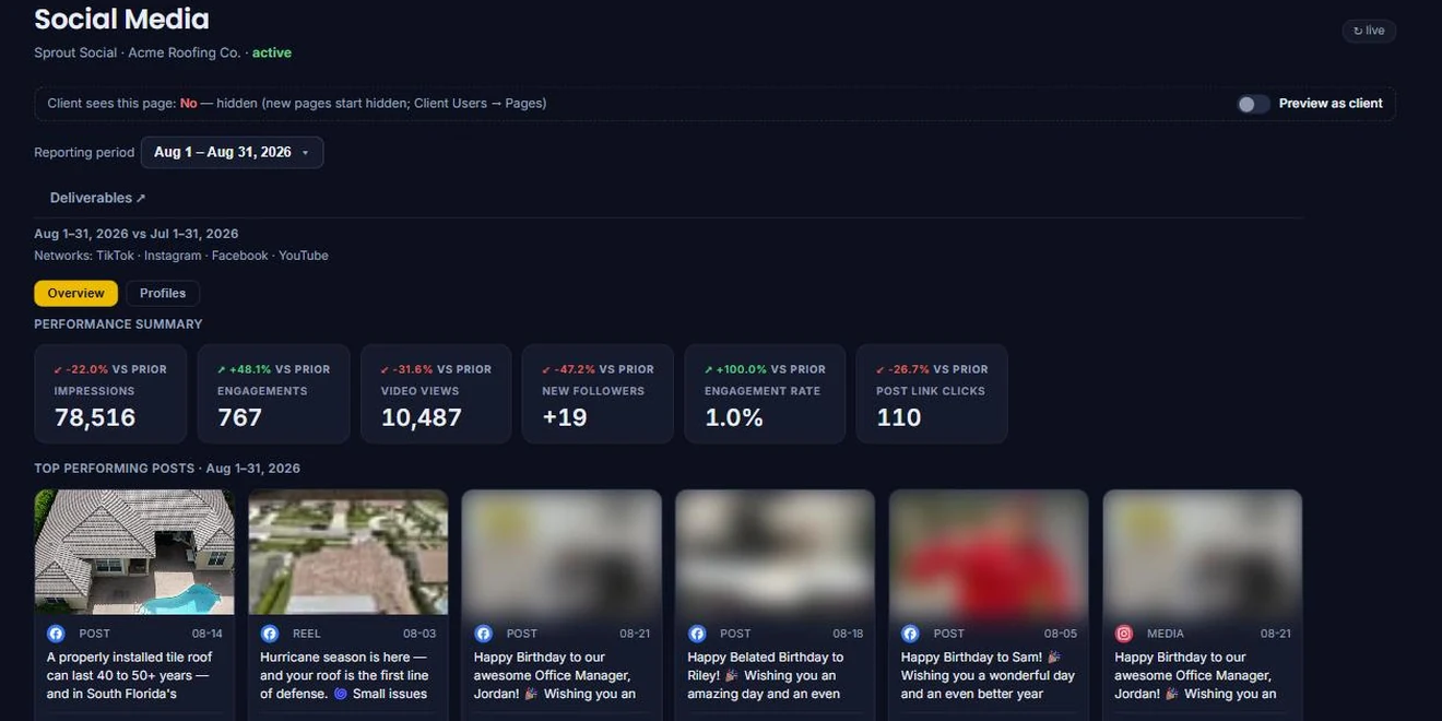 Client Hub Social Media report: impressions, engagements, video views, new followers, engagement rate and link clicks vs the prior month, with the top performing posts